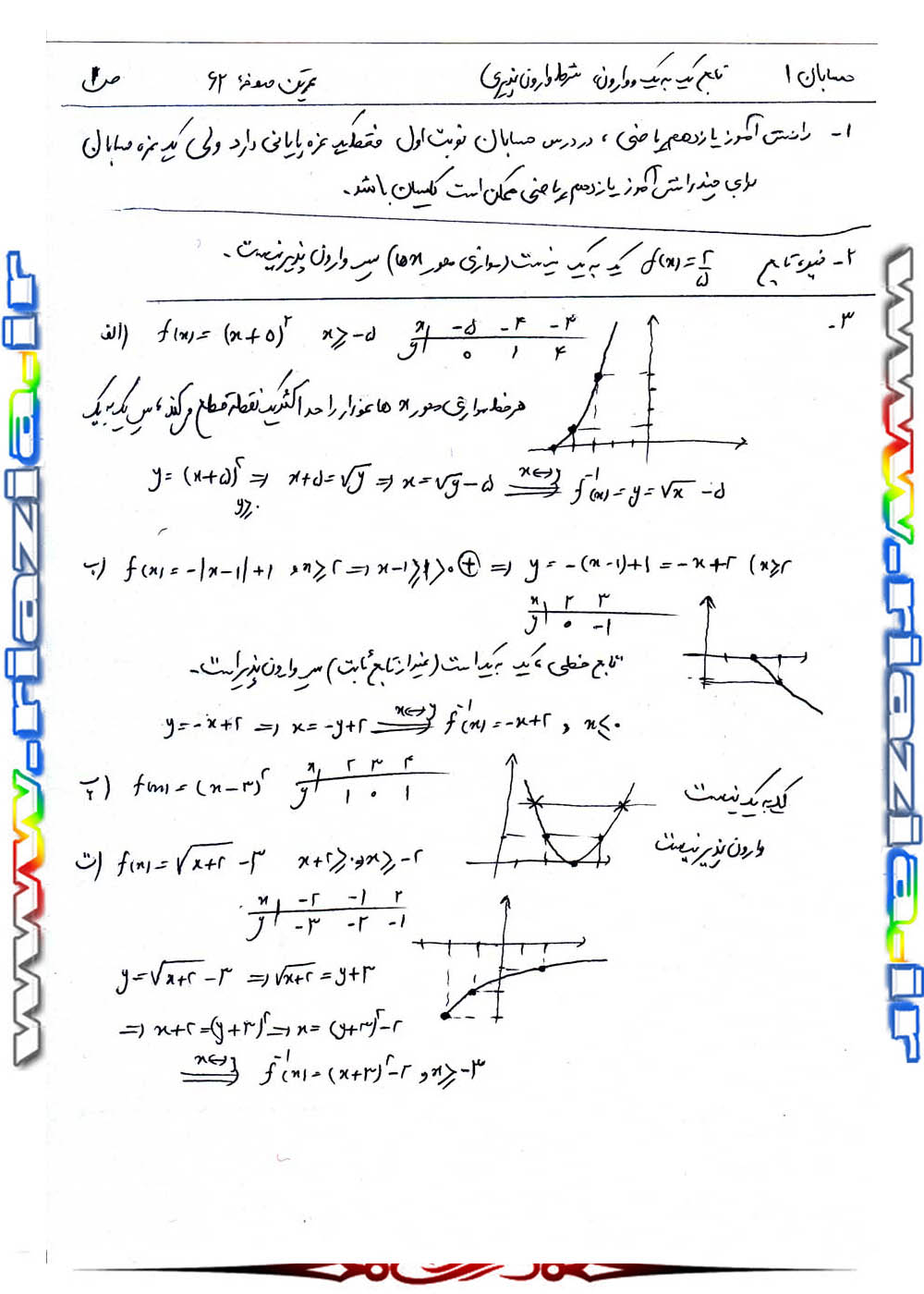 حل مسائل حسابان 1 یازدهم ریاضی صفحه 62