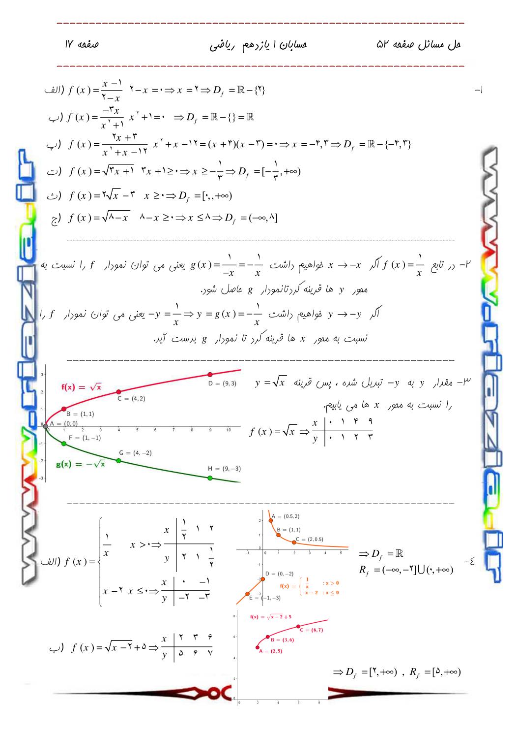 حل مسائل حسابان 1 یازدهم ریاضی صفحه 52