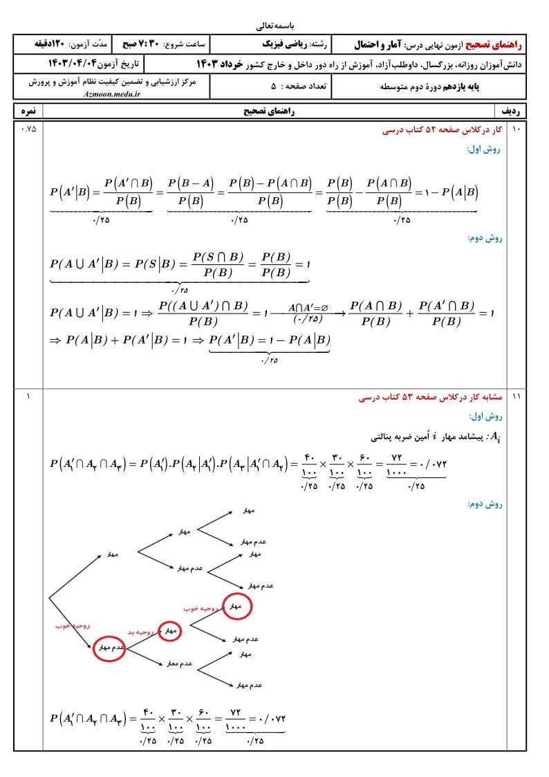 پاسخنامه آمار و احتمال خرداد 1403 صفحه 3